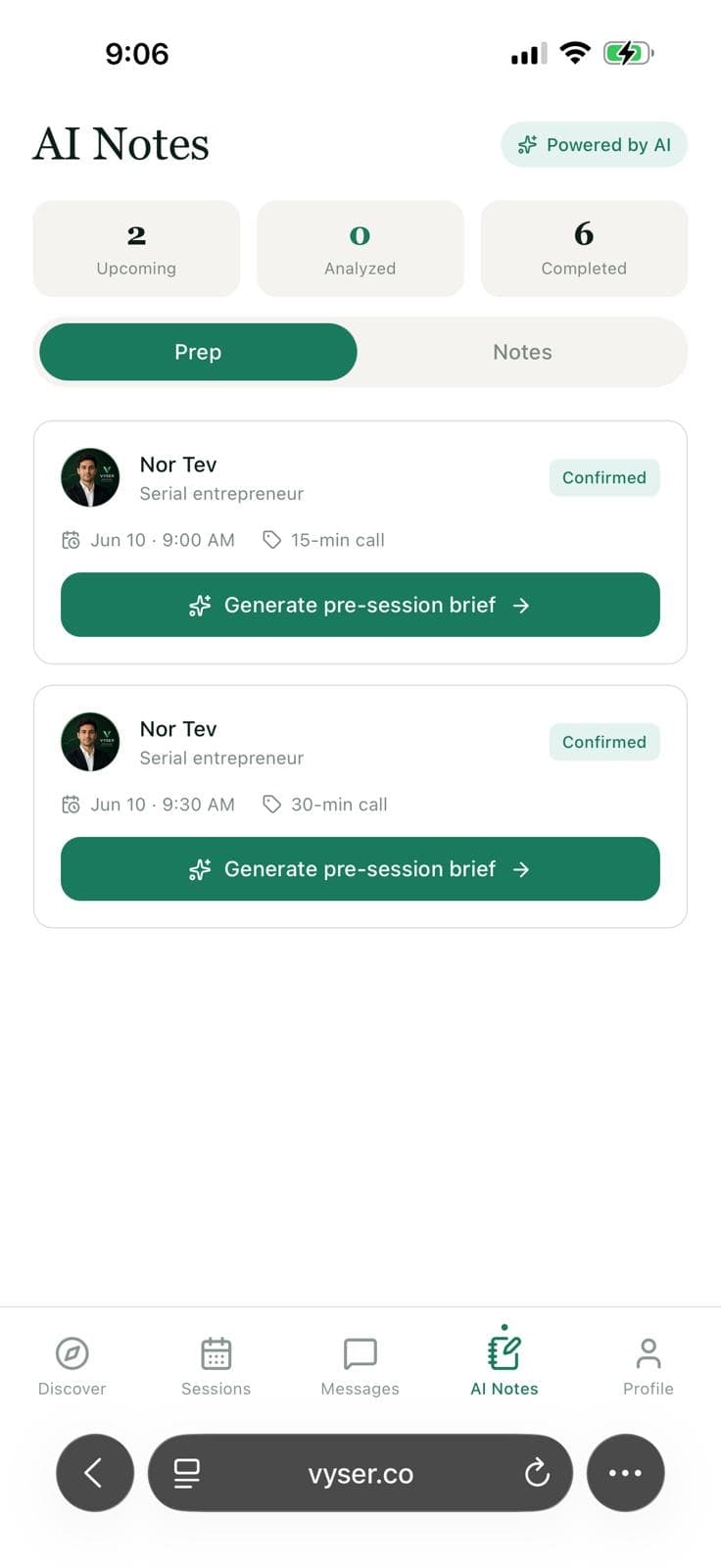 Vyser AI notes screen