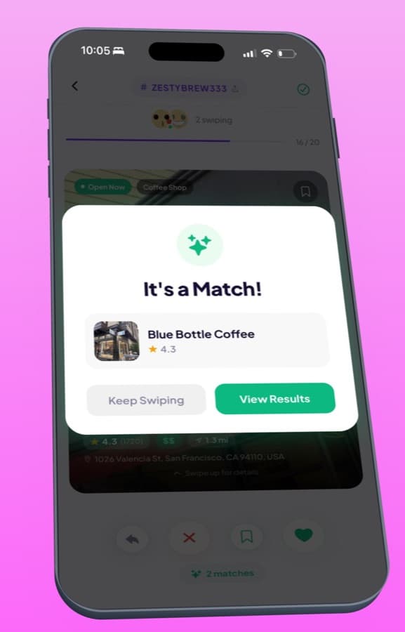 Veyalo match screen after a group swipe